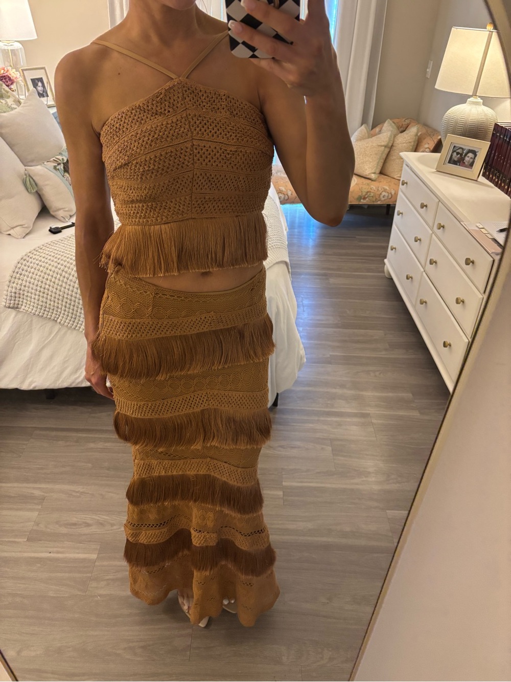 🍂 Chicways Fringe Crochet Two-Piece Skirt Set — Camel 🍂